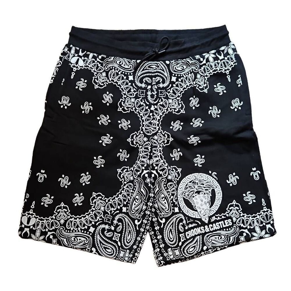 Crooks and Castles Men's Paisley Fleece Shorts Black White XLarge